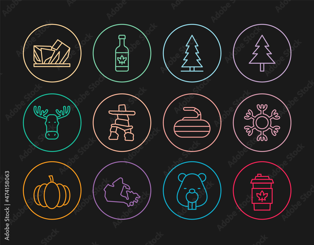 Set line Coffee cup to go, Snowflake, Canadian spruce, Inukshuk, Moose head with horns, Royal Ontario museum, Stone for curling and Beer bottle icon. Vector Set line Coffee cup to go, Snowflake, Canadian spruce, Inukshuk, Moose head with horns, Royal Ontario museum, Stone for curling and Beer bottle icon. Vector