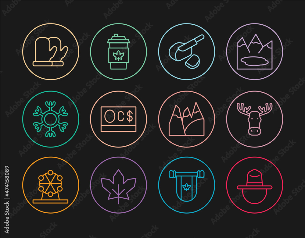 Set line Canadian ranger hat, Moose head with horns, Peameal bacon, dollar, Snowflake, Christmas mitten, Mountains and Coffee cup to go icon. Vector Set line Canadian ranger hat, Moose head with horns, Peameal bacon, dollar, Snowflake, Christmas mitten, Mountains and Coffee cup to go icon. Vector