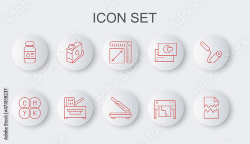 Set line Torn document, CMYK color mixing, Paper size, Plotter, Printer ink bottle, cartridge, Copy machine and cutter icon. Vector