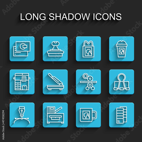 Set line Fountain pen nib, Copy machine, Business card, Coffee cup, Pantone, Paper cutter, Binder clip and roll printing press icon. Vector