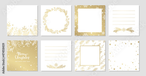 Christmas and new year gold Sticky Note collection. Cute Christmas simple  elements and frames for greeting card banner background social media post. Vector illustration