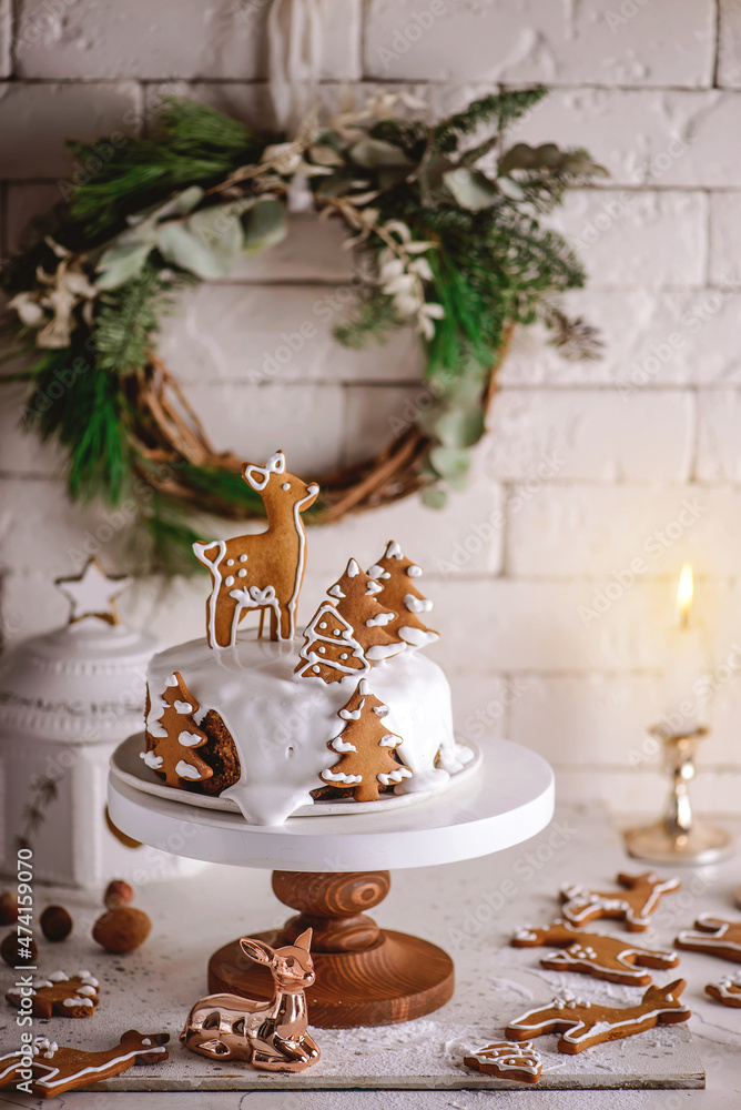 Christmas mature cake on a Christmas rustic background