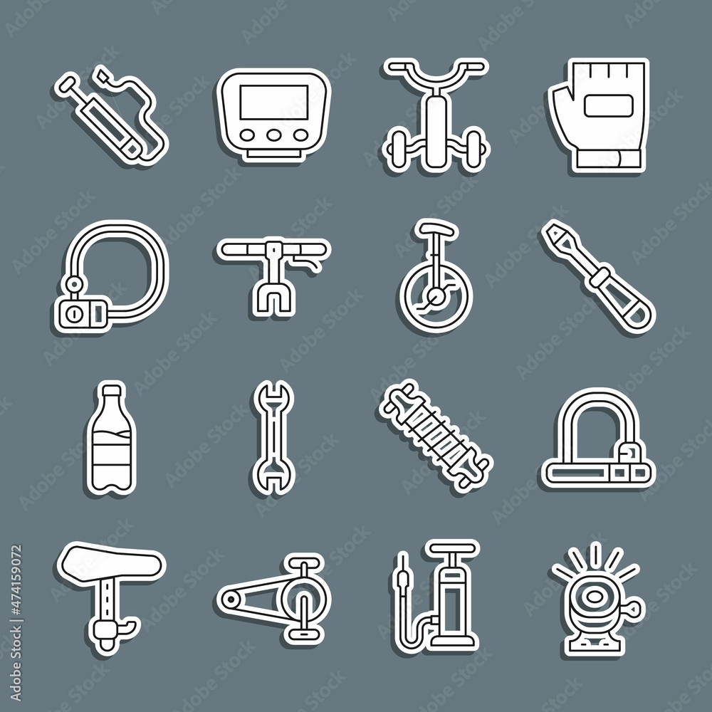 Set line Bicycle bell, lock, Screwdriver, for kids, handlebar, air pump and Unicycle one wheel bicycle icon. Vector Set line Bicycle bell, lock, Screwdriver, for kids, handlebar, air pump and Unicycle one wheel bicycle icon. Vector