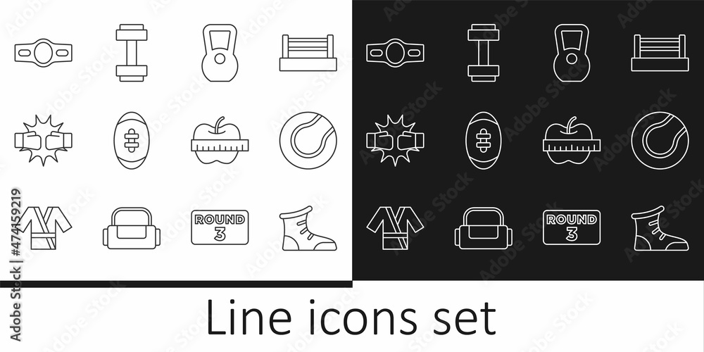 Set line Sport boxing shoes, Tennis ball, Kettlebell, American Football, Punch gloves, Boxing belt, Apple and measuring tape and Dumbbell icon. Vector