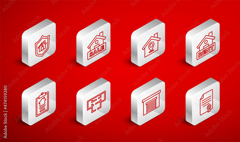 Set line House contract, Hanging sign with Sale, Location house, Rent, Garage, shield, plan and icon. Vector Set line House contract, Hanging sign with Sale, Location house, Rent, Garage, shield, plan and icon. Vector