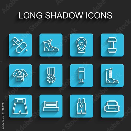 Set line Boxing short, ring, Vitamin pill, Wrestling singlet, Sport bag, Medal, boxing shoes and Punching icon. Vector