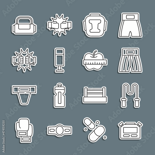 Set line Stopwatch, Jump rope, Boxing short, helmet, Punching bag, boxing gloves, Sport and Apple and measuring tape icon. Vector