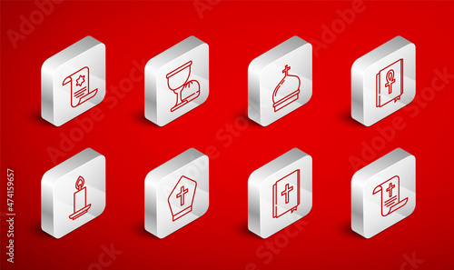Set line Decree, paper, parchment, scroll, Holy grail or chalice, Church tower, Cross ankh book, bible, Torah, Pope hat and Burning candle icon. Vector