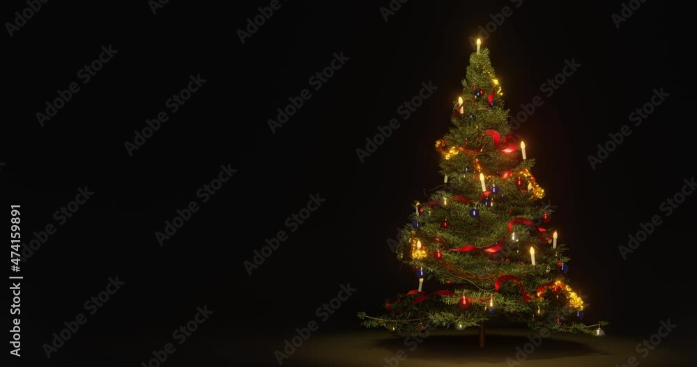 Christmas xmas tree decorated with balls, lights, fluffy ribbons and candles. Happy new year holiday 2022. Black background. Rotation seamless loop. Christmas xmas tree decorated with balls, lights, fluffy ribbons and candles. Happy new year holiday 2022. Black background. Rotation seamless loop.