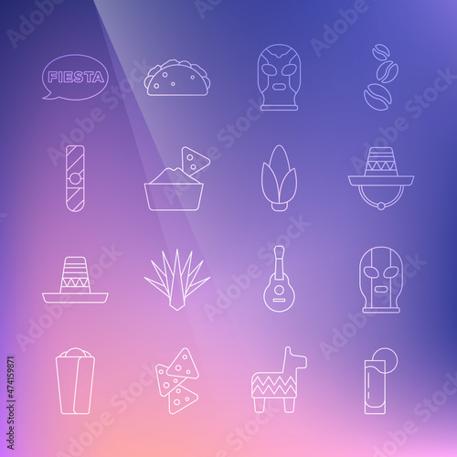 Set line Tequila glass with lemon, Mexican wrestler, sombrero, Nachos in bowl, Cigar, Fiesta and Corn icon. Vector