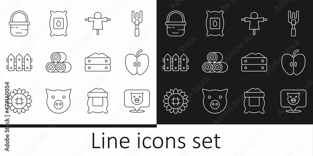 Set line Pig, Apple, Scarecrow, Roll of hay, Garden fence wooden, Basket, Bag flour and Pack full seeds plant icon. Vector Set line Pig, Apple, Scarecrow, Roll of hay, Garden fence wooden, Basket, Bag flour and Pack full seeds plant icon. Vector