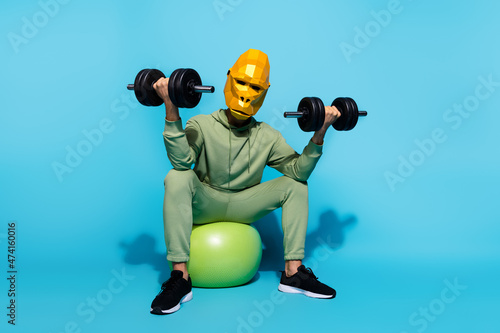 Photo of weird freak man wear primate mask rising two big dumbbells isolated blue color background © deagreez