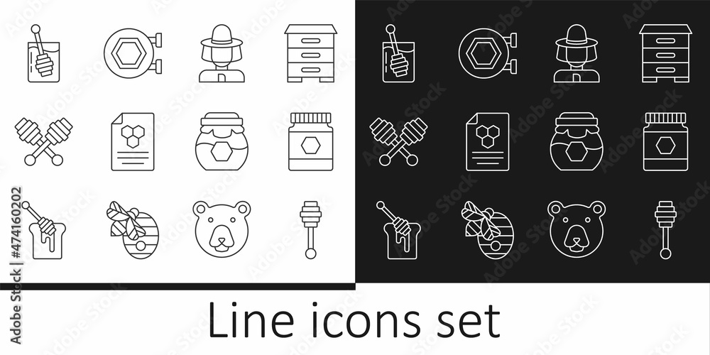 Set line Honey dipper stick, Jar of honey, Beekeeper with protect hat, Honeycomb, and Hanging sign honeycomb icon. Vector