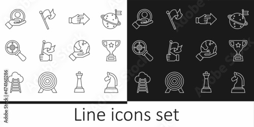 Set line Chess  Award cup  Hand with pointing finger  holding flag  Target magnifying glass  for search people  Earth globe and Flag icon. Vector