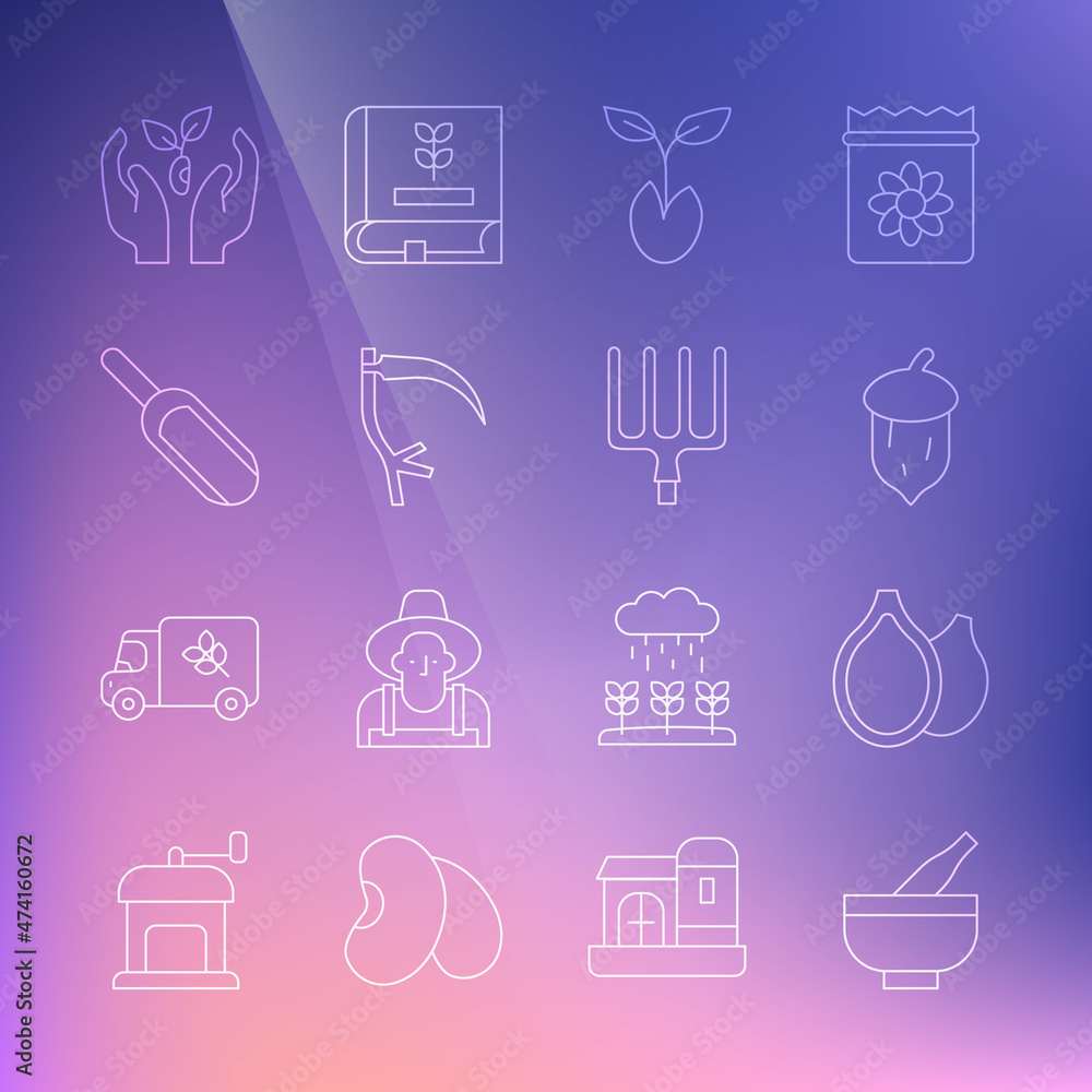 Set line Mortar and pestle, Pumpkin seeds, Acorn, oak nut,, Sprout, Scythe, Scoop flour, Plant hand and Garden pitchfork icon. Vector Set line Mortar and pestle, Pumpkin seeds, Acorn, oak nut,, Sprout, Scythe, Scoop flour, Plant hand and Garden pitchfork icon. Vector