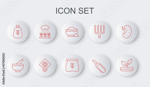 Set line Sprout, Mortar and pestle, Flour bowl, Scoop flour, Bag of, Plant sprouts grow in the rain, Pack full seeds plant and icon. Vector