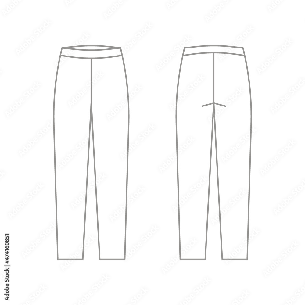 Casual pants classic trousers, sweatpants technical drawing, outline template, sketch. Fabric trousers with front, back view. Vector flat illustration Casual pants classic trousers, sweatpants technical drawing, outline template, sketch. Fabric trousers with front, back view. Vector flat illustration