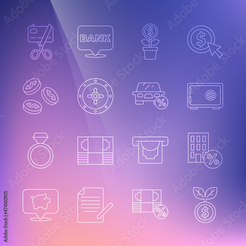 Set line Dollar plant, House with percant discount, Safe, Coin money dollar, Scissors cutting credit card and Car leasing percent icon. Vector