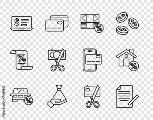 Set line Car leasing percent, Document and pen, Money, hand, Laptop with dollar, Scissors cutting money, credit card and House percant discount icon. Vector