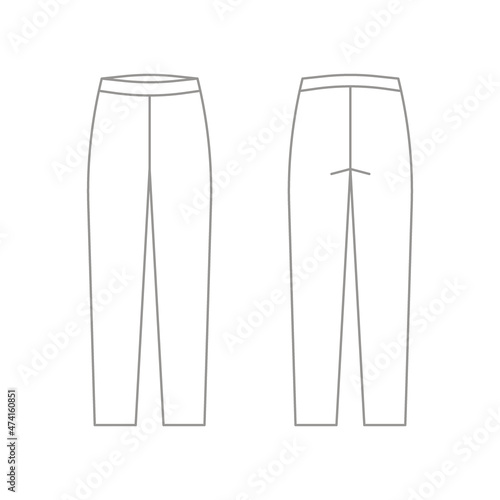 Casual pants classic trousers, sweatpants technical drawing, outline template, sketch. Fabric trousers with front, back view. Vector flat illustration