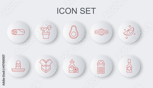 Set line Tabasco sauce, Mexican sombrero, Avocado fruit, Salt, Burrito, Cactus or succulent in pot, Poncho and Tequila bottle with lemon icon. Vector