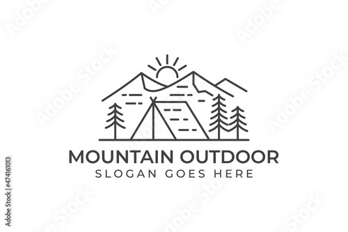 vintage mountain adventure club logos and camping resort outdoor retro vector line art logo design