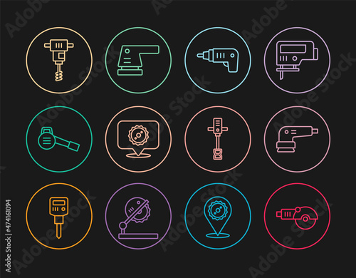 Set line Angle grinder, Electric sander, cordless screwdriver, Circular saw blade, Leaf garden blower, Electrical hand concrete mixer, and icon. Vector