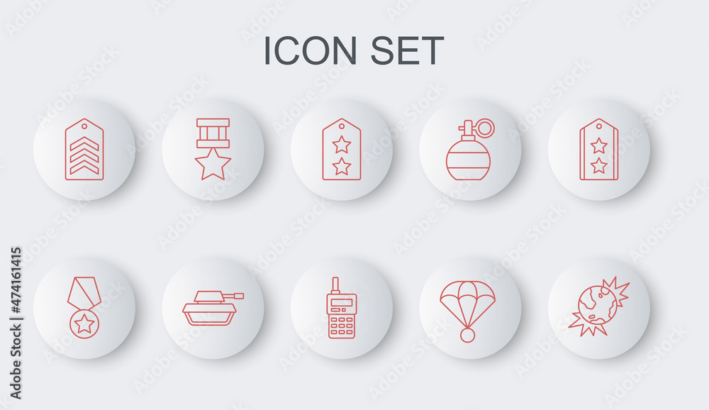 Set line Bomb explosive planet earth, Military reward medal, rank, Parachute, Chevron, tank and Walkie talkie icon. Vector Set line Bomb explosive planet earth, Military reward medal, rank, Parachute, Chevron, tank and Walkie talkie icon. Vector