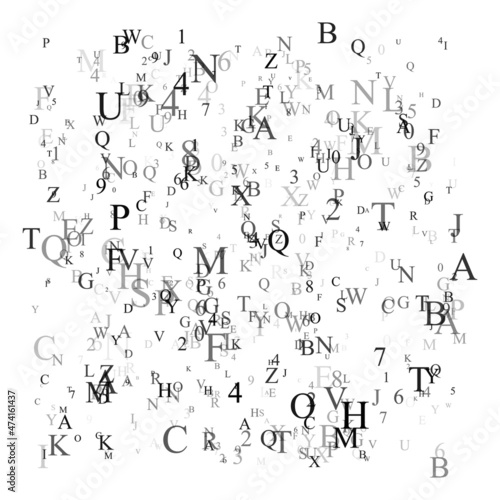 Abstract black alphabet ornament border isolated on white background. Vector illustration for education, writing, poetic design. Random letters fall from top. Alphabet book concept for grammar school.