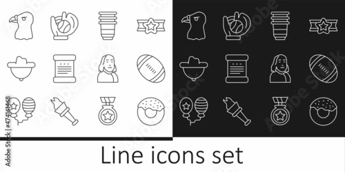 Set line Donut, American Football ball, Paper glass, Declaration of independence, Western cowboy hat, Eagle head, Benjamin Franklin and Baseball glove with icon. Vector