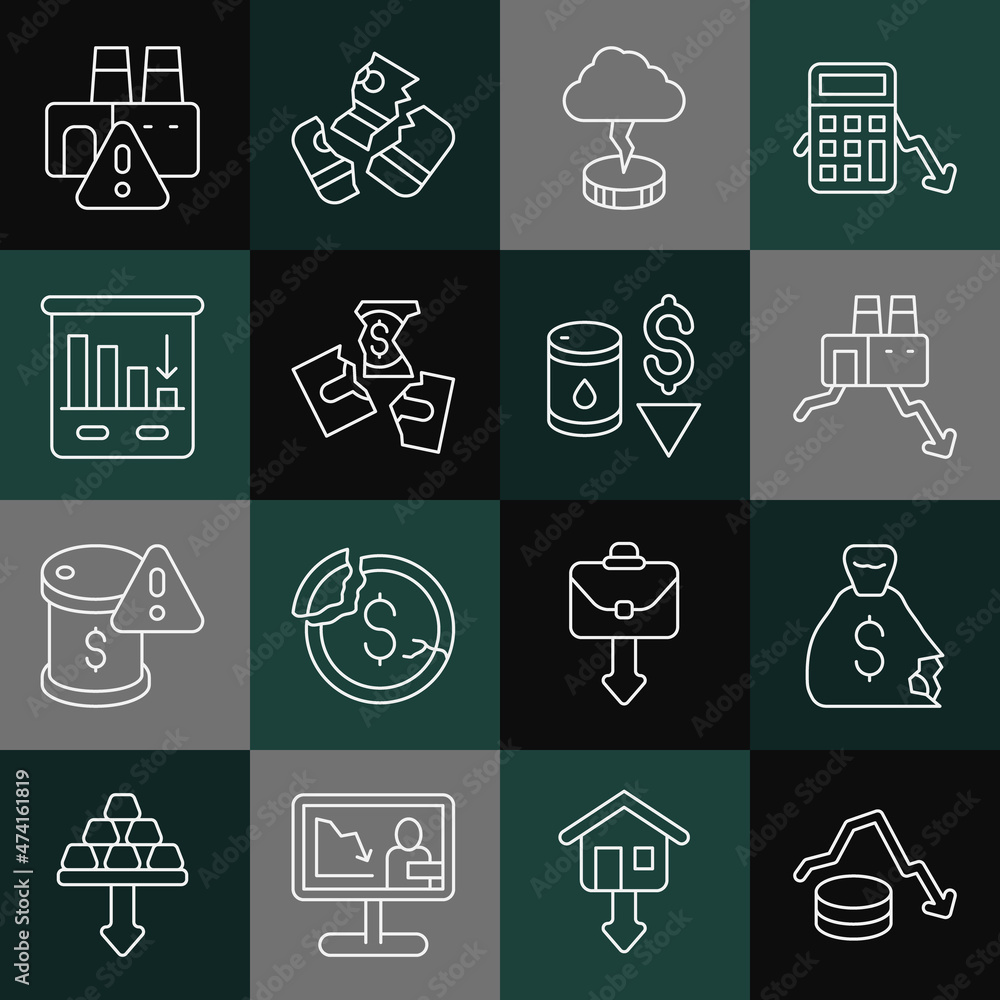 Set line Dollar rate decrease, Money bag, Shutdown of factory, Storm, Tearing money banknote, Pie chart infographic, and Drop crude oil price icon. Vector Set line Dollar rate decrease, Money bag, Shutdown of factory, Storm, Tearing money banknote, Pie chart infographic, and Drop crude oil price icon. Vector