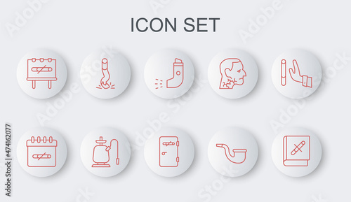 Set line Book with stop cigarette, No smoking days, Inhaler, pipe, Cigarette butt, Hookah and area icon. Vector