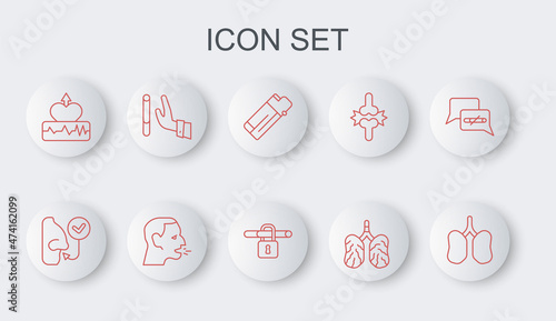 Set line Lungs, Healthy breathing, Lighter, Disease lungs, Heartbeat increase, Giving up cigarette, Man coughing and No smoking icon. Vector