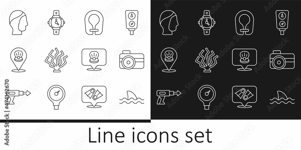Set line Shark, Photo camera for diver, Life jacket, Coral, Scallop sea shell, Diving hood, and watch icon. Vector