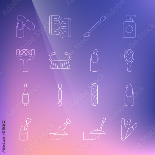 Set line False nails, Nail manicure, file, Cuticle pusher, Pedicure brush or grater, and Broken icon. Vector