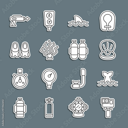 Set line Action extreme camera, Whale tail, Pearl, Shark, Coral, Flippers for swimming, Fishing harpoon and Aqualung icon. Vector