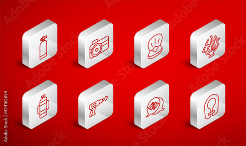 Set line Life jacket, Photo camera for diver, Pearl, Coral, Flippers swimming, Aqualung, Fishing harpoon and icon. Vector