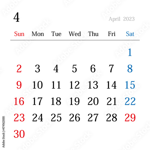 2023年4月、日本のカレンダー