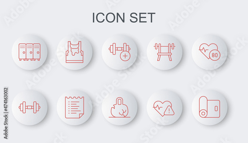 Set line Fitness mat roll, Dumbbell, Heart rate, Locker or changing room, Sweaty sleeveless t-shirt, Sport training program and Broken weight icon. Vector