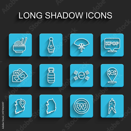 Set line South Korea map, Asian noodles in bowl, Korean won coin, Ginseng root, lantern, Location and flag icon. Vector