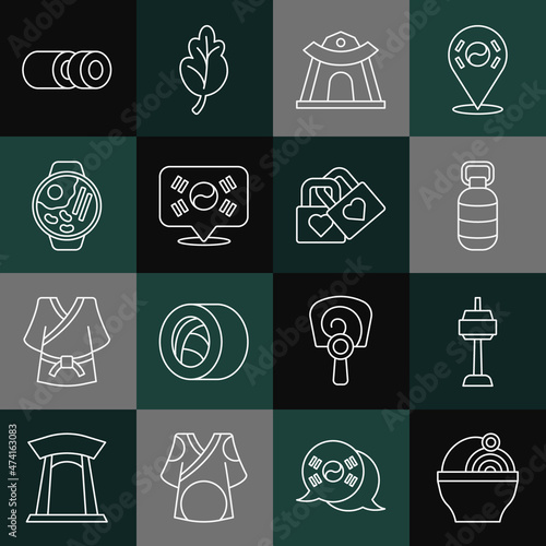 Set line Ramen, N Seoul tower in South Korea, Korean lantern, temple, Location, Sushi and Lock with heart icon. Vector