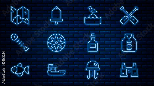 Set line Binoculars, Life jacket, Seagull sits on buoy, Wind rose, Dead fish, Pirate treasure map, Rum bottle and Ship bell icon. Vector
