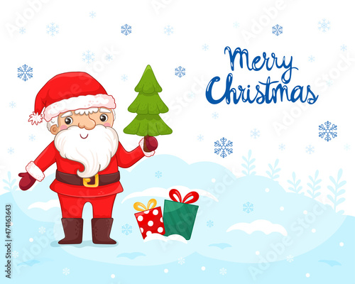 Vector cartoon illustration of friendly smiling Santa Claus, snow falling in the background, presents lying around on the ground. Christmas vector illustration with Santa Claus