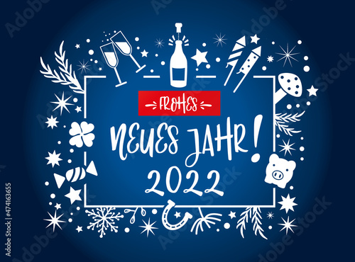 Neujahrsgrüße 2022 - deutscher Text - Vektor Illustration - blauer Hintergrund