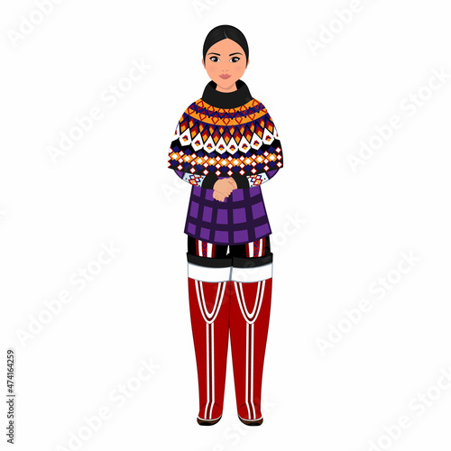 Woman in folk national Greenland costume. Vector illustration