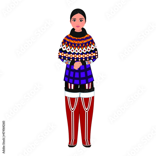 Woman in folk national Greenland costume. Vector illustration