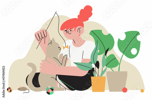 Girl character petting or play with cat. Children hug kitten vector illustration, happy smiling child with animal learn to take care or responsobility. Happy domestic cat owner vector illustration.