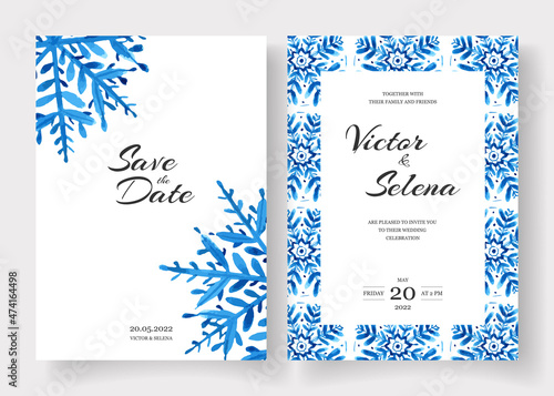 Winter wedding cards design set with watercolor snowflakes. Save the date