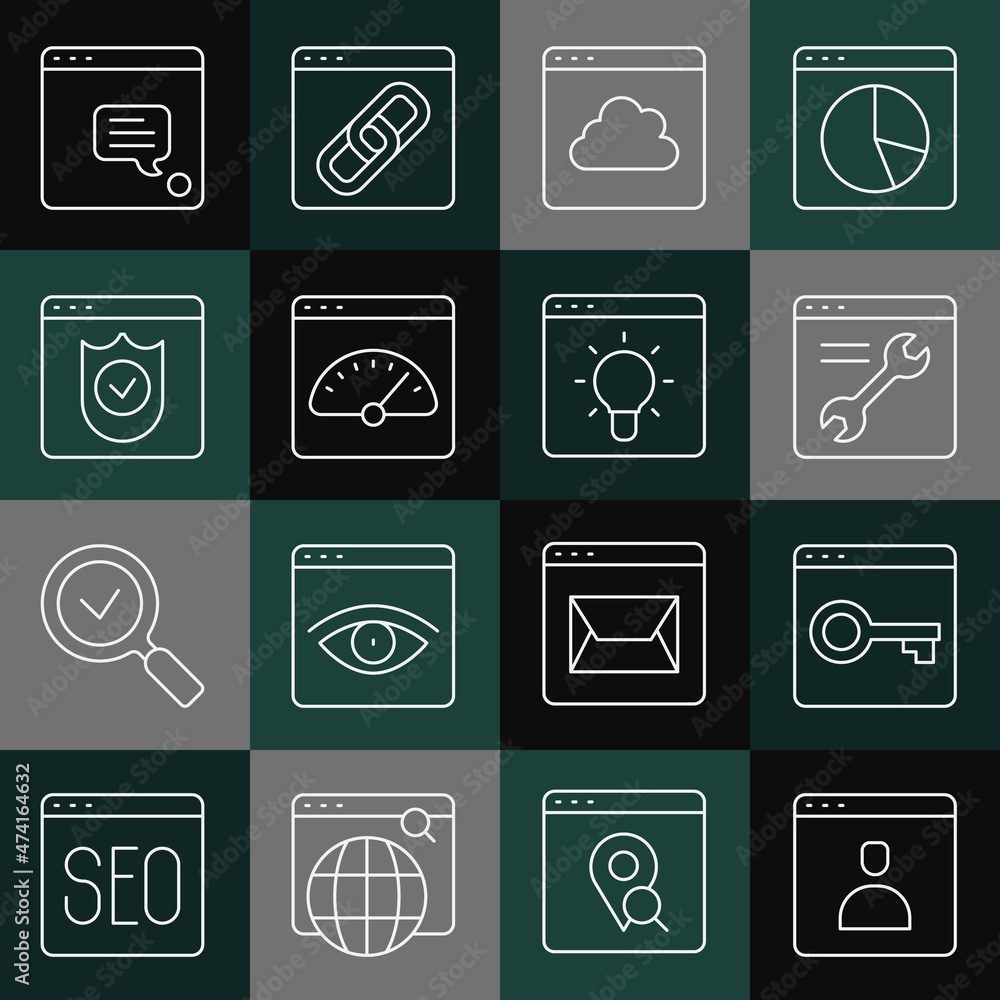 Set line Create account screen, Secure your site with HTTPS, SSL, Browser setting, Cloud technology data transfer, Digital speed meter, shield, New chat messages notification and window icon. Vector Set line Create account screen, Secure your site with HTTPS, SSL, Browser setting, Cloud technology data transfer, Digital speed meter, shield, New chat messages notification and window icon. Vector