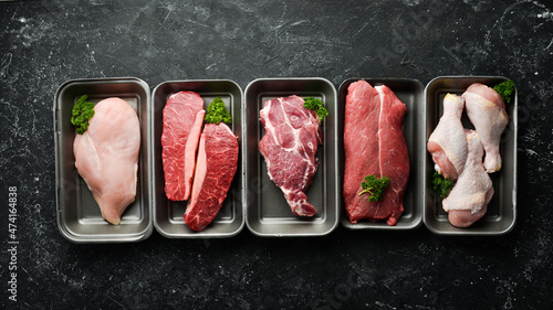 Photography Set of fresh raw meat: veal, chicken, pork